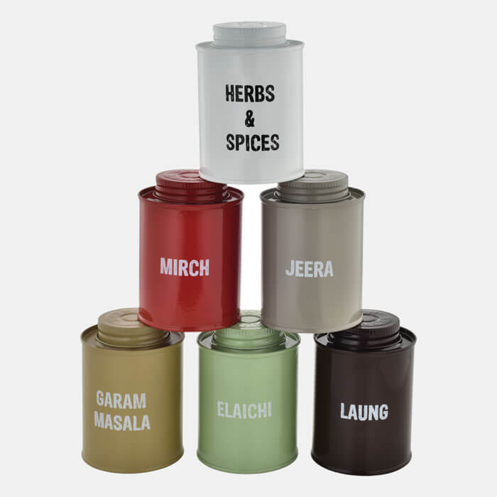    MULTICOLORED SPICE BOXES SET OF 6 PCS MIRCH,ZEERA,LAUNG,ELAICHI,GARAM MASALA & HERB&SPICES     