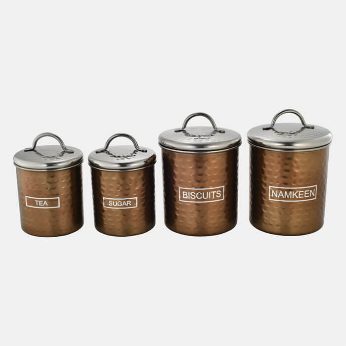 BRONZE HAMMERED STORAGE CONTAINER SET OF 4 PCS TEA,SUGAR & BISCUITS,NAMKEEN
